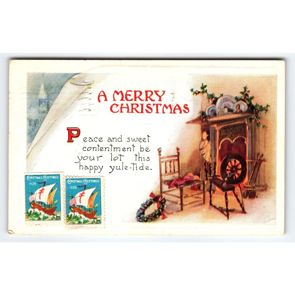 Vintage 1928 Christmas Postcard Peace and Sweet Contentment Stamps On Front